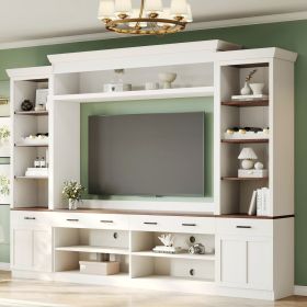 ON-TREND Farmhouse 4-Piece Entertainment Wall Unit Set with Bookshelf for TVs Up to 70", Walnut TV Stand with Adjustable Shelves