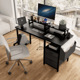 47.3" Computer Desk with power outlet,Monitor Stands,Shelves, Office Desk/Writing Table/Gaming desk With drawers,Large Side Pocket and Hooks