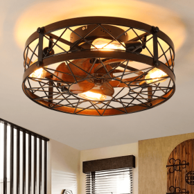 Cage Ceiling Fan With Light, Black, Recessed Ceiling Fan Light, Farmhouse Small Ceiling Fan With Light Fixture, Bedroom Reversible Fan - E26 Bulb (Color: black)