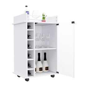 Huali Bar Cart, Six Built-in Wine Rack, Glass Door, Four Casters, Two Shelves (Color: White)