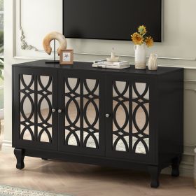 Modern Mirrored TV Stand for TV up to 55 Inches,Entertainment Center Solid Wood Legs,Metal Handle and 3 Adjustable Shelves For Living room (Color: black, Material: MDF)
